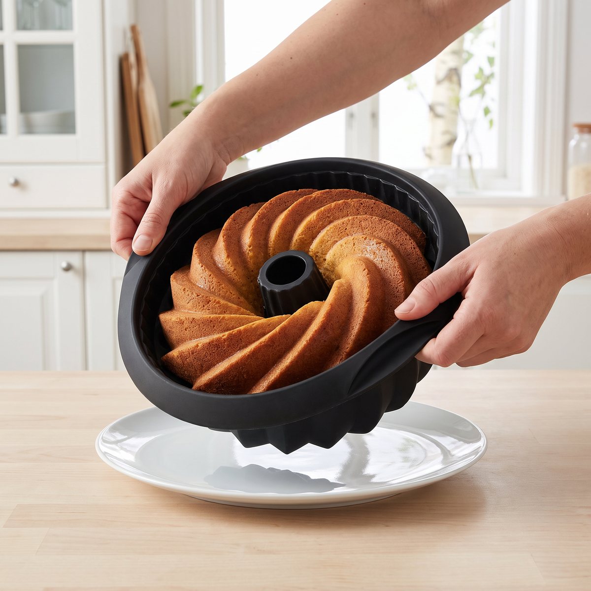 Svart sockerkaksform i silikon med spiralräfflor som vänds ut på ett fat i ett svenskt kök