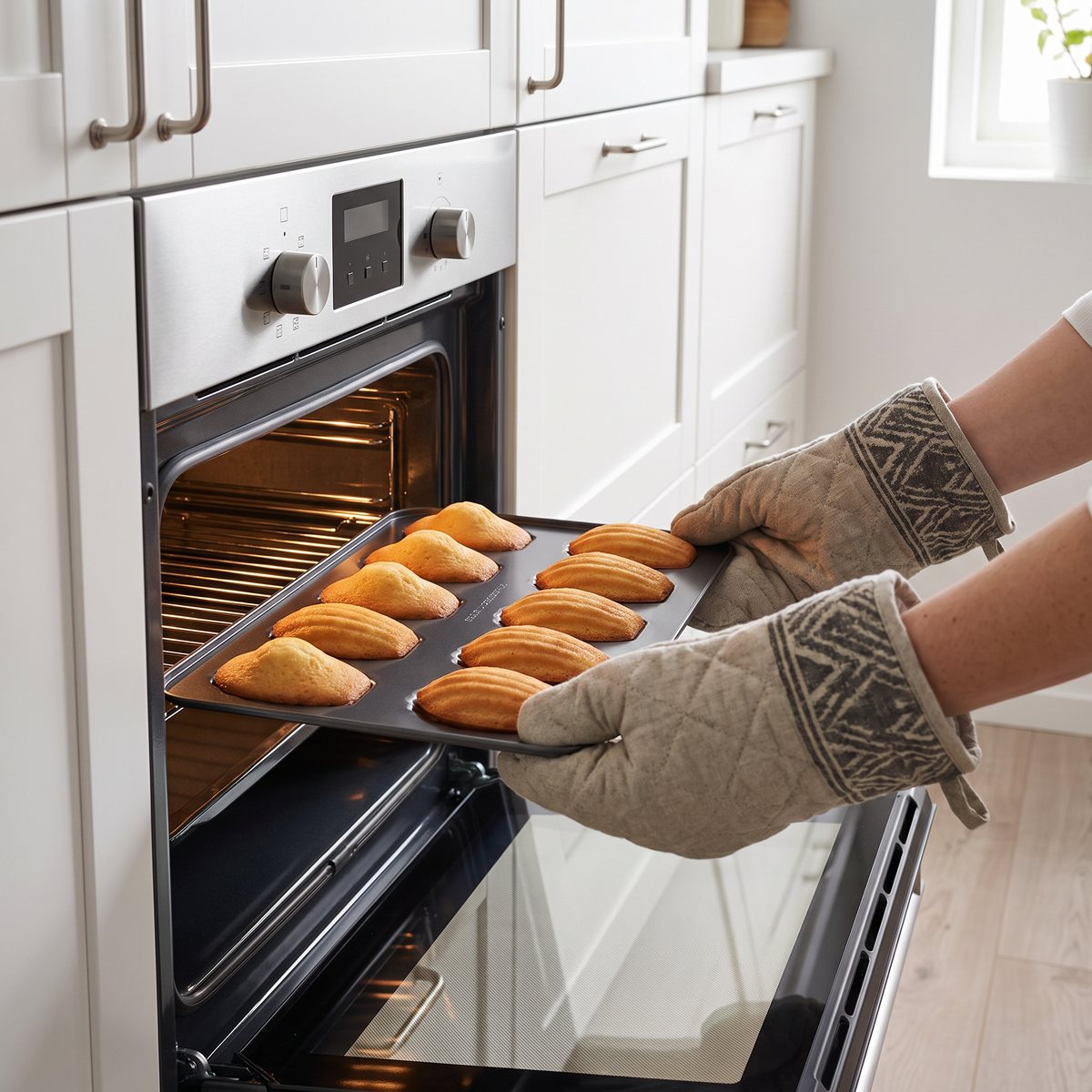 Madeleineplåt med gyllene kakor som dras ut ur en ugn i ett svenskt kök med vita luckor