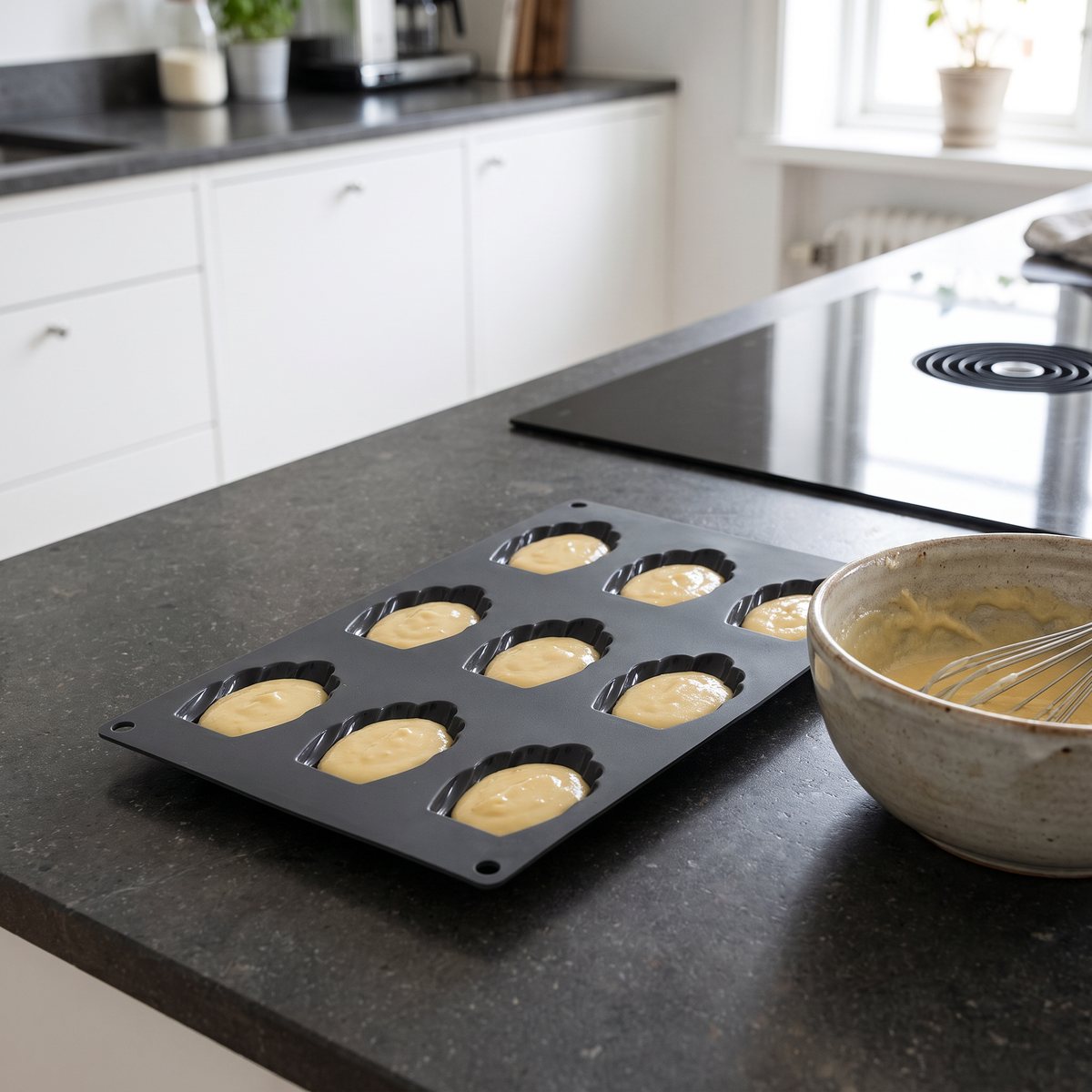 Mörkgrå silikonform fylld med madeleinesmet på en stenbänk i ett svenskt kök med induktionshäll