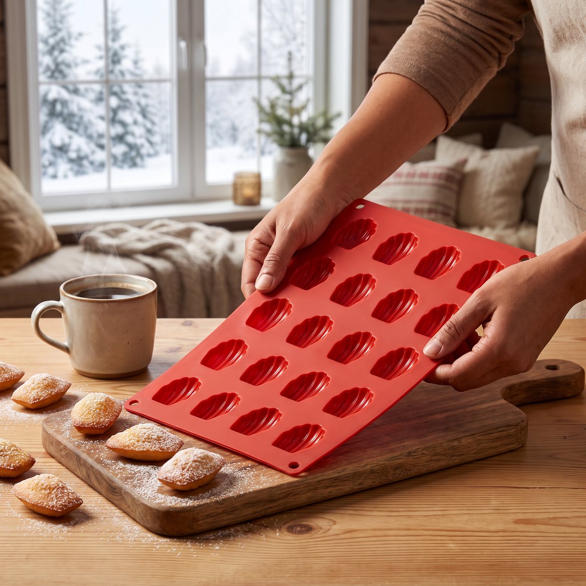 Röd silikonform för minimadeleines på en träskärbräda med florsockerströdda kakor i ett svenskt hem vintertid