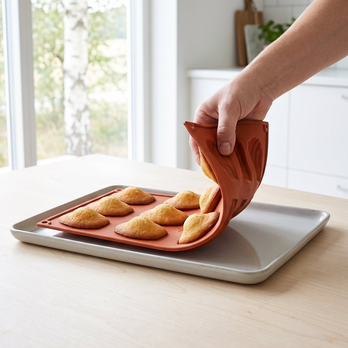 Orange silikonform med madeleinekakor där en kaka lossas genom att formen böjs, på ett björkbord i ett ljust svenskt hem
