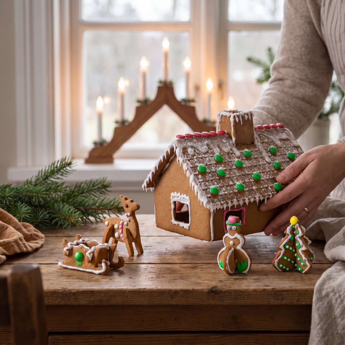 Coolstuff 3D pepparkaksformar som bakat pepparkakshus, ren, släde och julgran på ett bord i ett svenskt hem vid jul