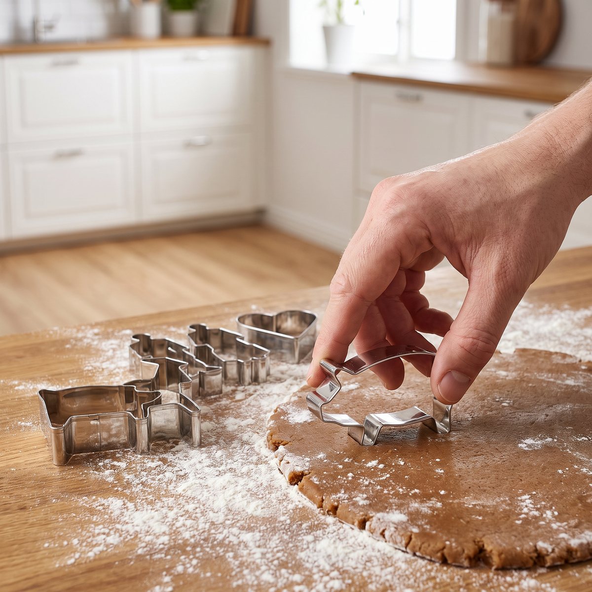 Jonas of Sweden Kakmått 5 i rostfritt stål pressas ner i utkavlad pepparkaksdeg i ett ljust svenskt kök