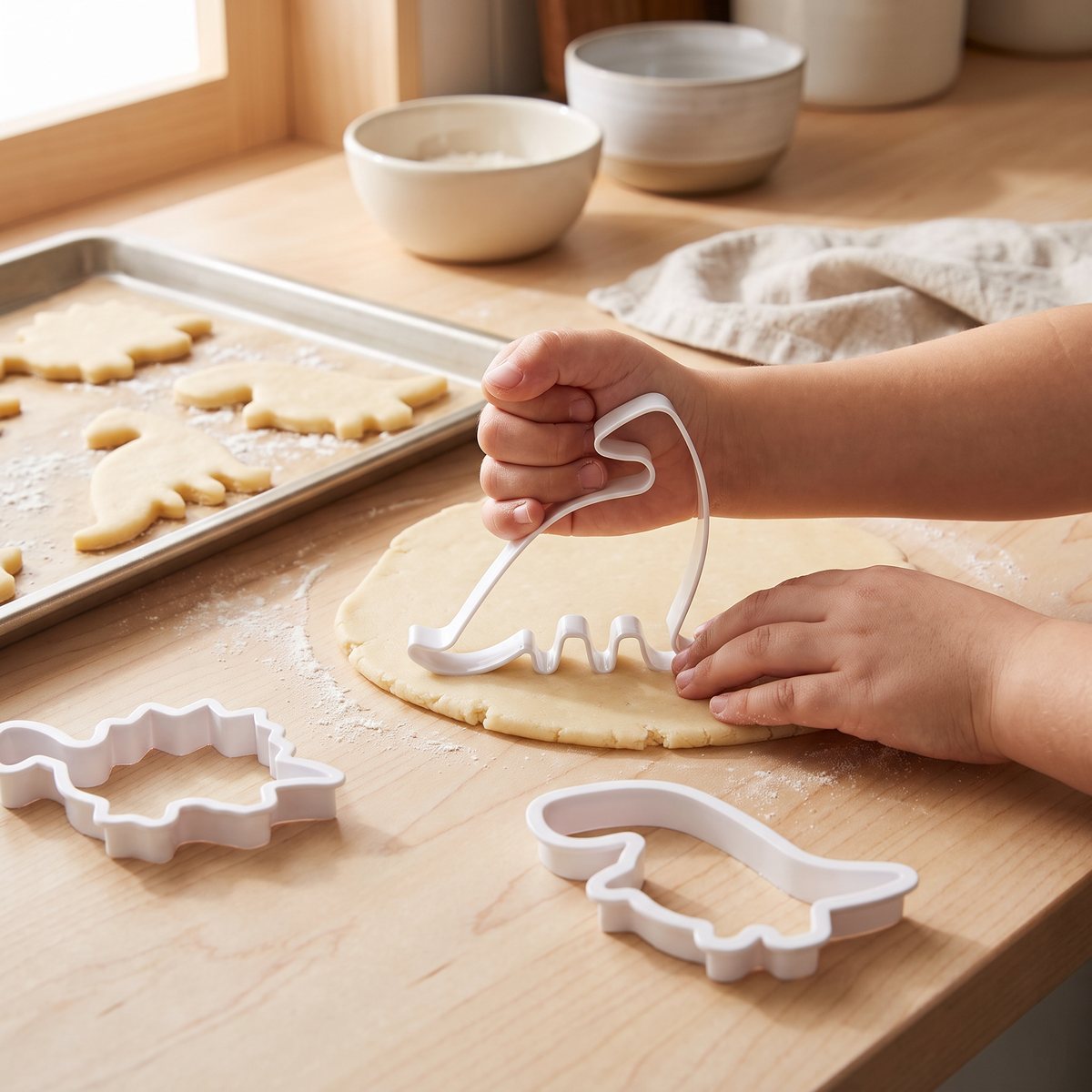 Barnhänder skär ut dinosaurier ur kakdeg med Nordwiks pepparkaksformar vid ett björkbord i ett svenskt kök