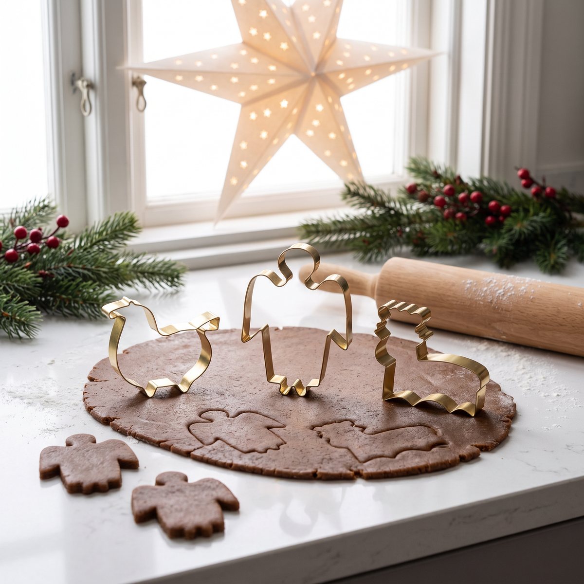 Pluto Design Stig L pepparkaksformar i guld på utkavlad pepparkaksdeg i ett svenskt kök med pappersstjärna i fönstret