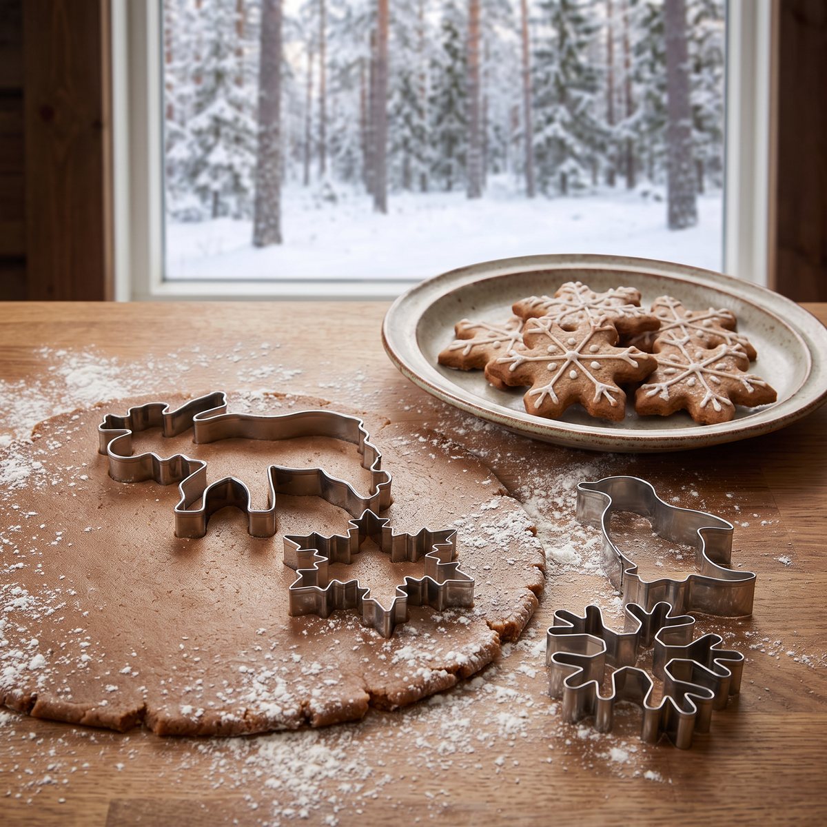 Städters vinterutstickare med älg, pingvin och snöflingor på utkavlad deg i ett svenskt hem med snötäckt skog utanför