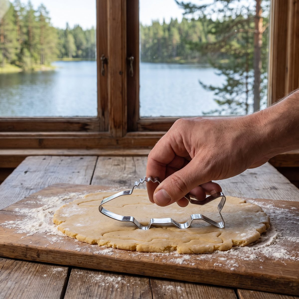 Wiggler pepparkaksform i form av fisk trycks i utkavlad deg vid ett fönster mot svensk insjö och tallskog