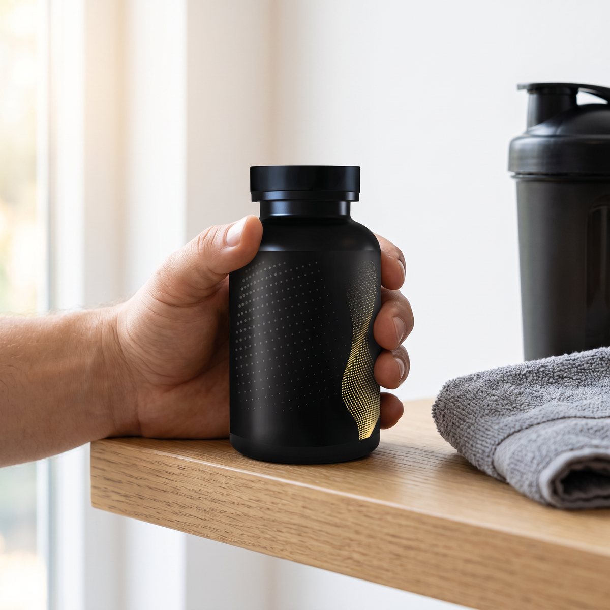 Hand som greppar en svart burk med L-karnitinkapslar vid en ekhylla i ett svenskt hem, med shaker och handduk.