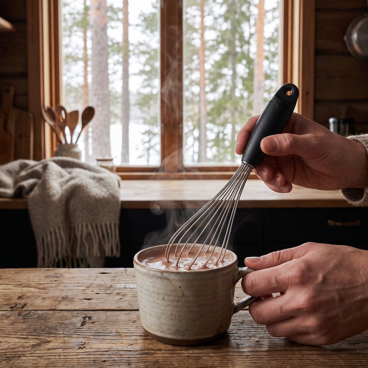 Dreamfarm Flisk hopfällbar visp som vispar varm choklad i en mugg på ett träbord i en svensk stuga