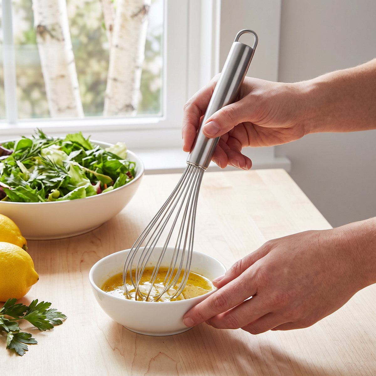 KitchenAid Premium ballongvisp i borstat stål som vispar vinägrett i en vit skål vid en sallad i ett svenskt kök