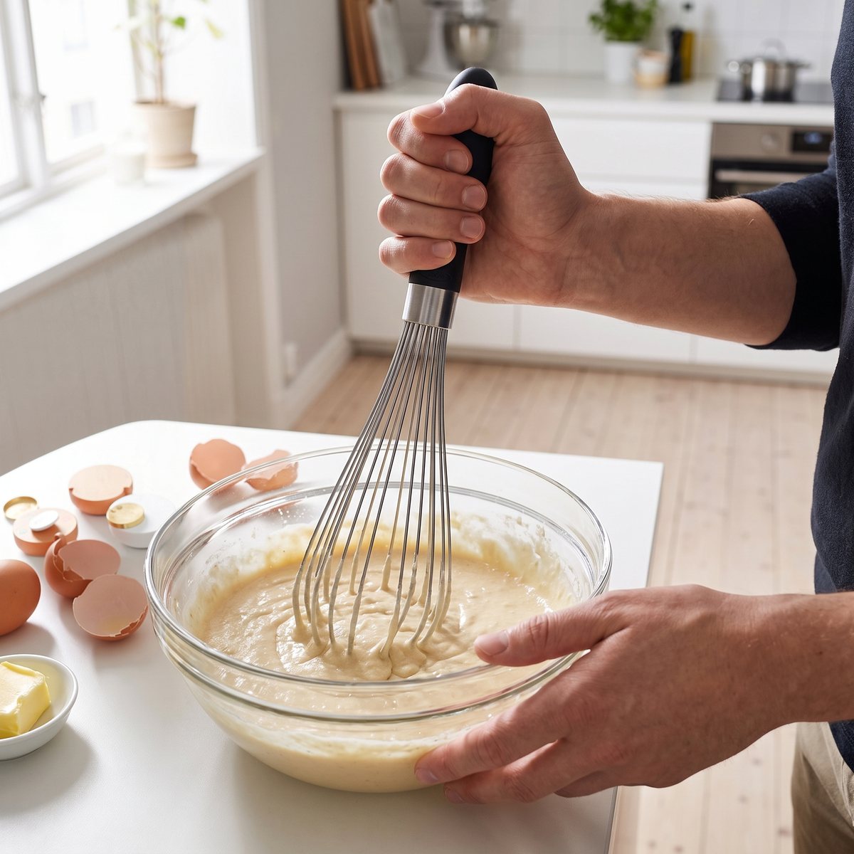 Oxo Good Grips ballongvisp med svart gummihandtag som blandar pannkakssmet i en glasskål i ett ljust svenskt kök