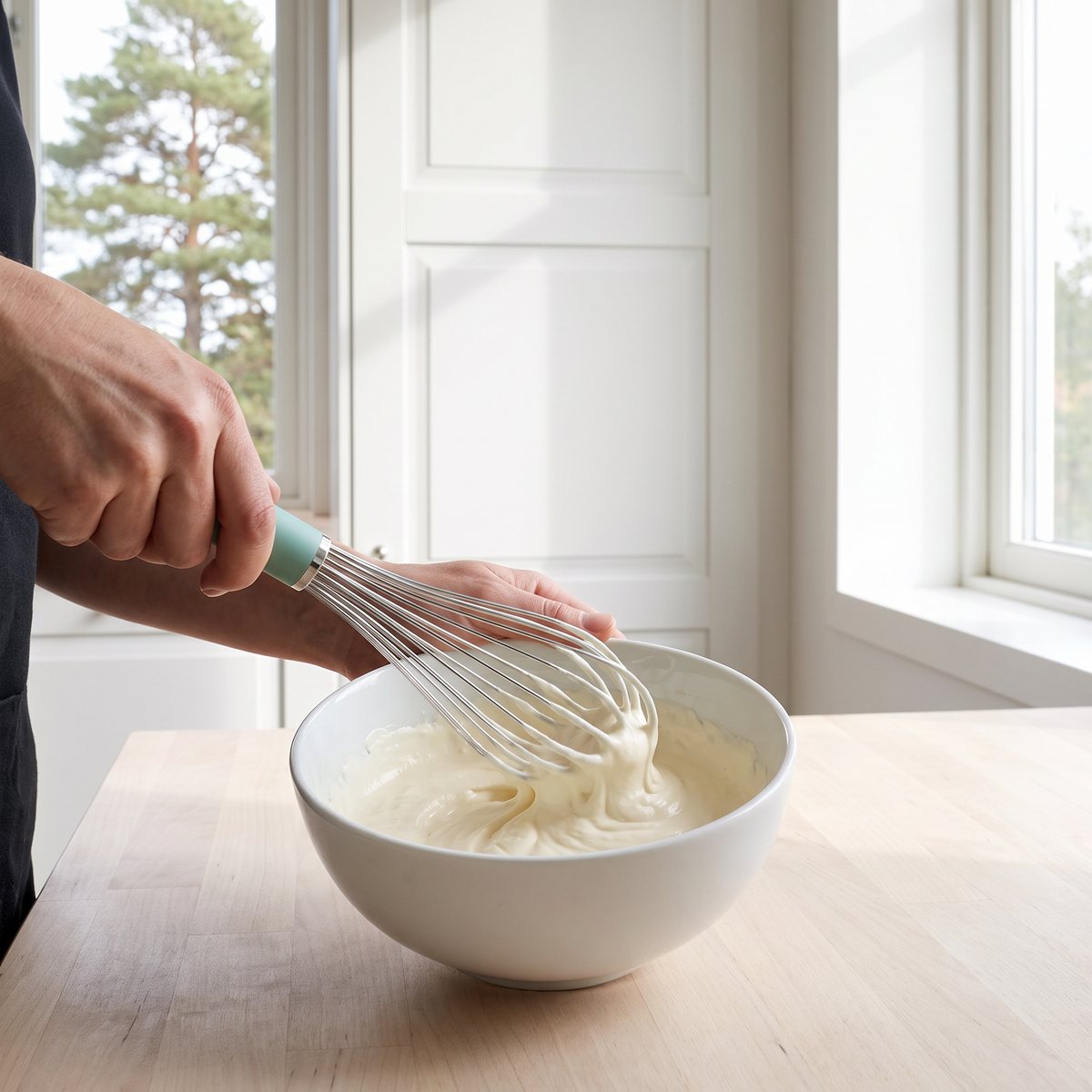 Rosti Emma ballongvisp med mintgrönt plasthandtag som vispar grädde i en vit skål på en ljus träbänk i ett svenskt kök
