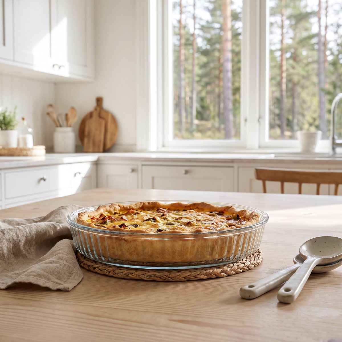 Genomskinlig räfflad pajform i glas med paj på ett vävt underlägg på ett träbord i ett ljust svenskt kök