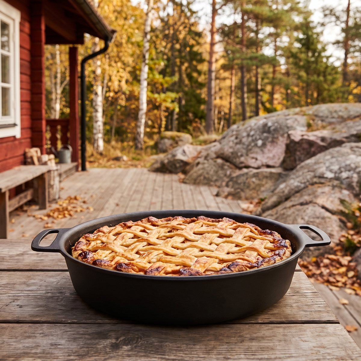 Svart gjutjärnsform med två handtag och äppelpaj på ett trädäck vid en röd stuga i svensk höstskog