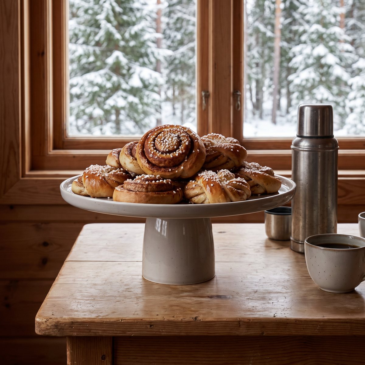 Ernst tårtfat på fot med kanelbullar på ett köksbord i en svensk stuga