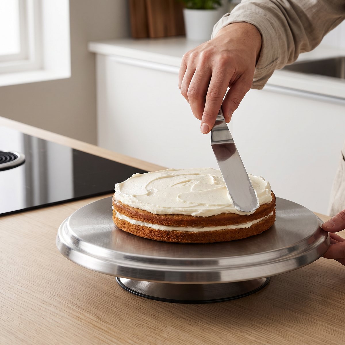 Heirol roterande tårtfat i rostfritt stål när en tårta dekoreras i ett svenskt kök