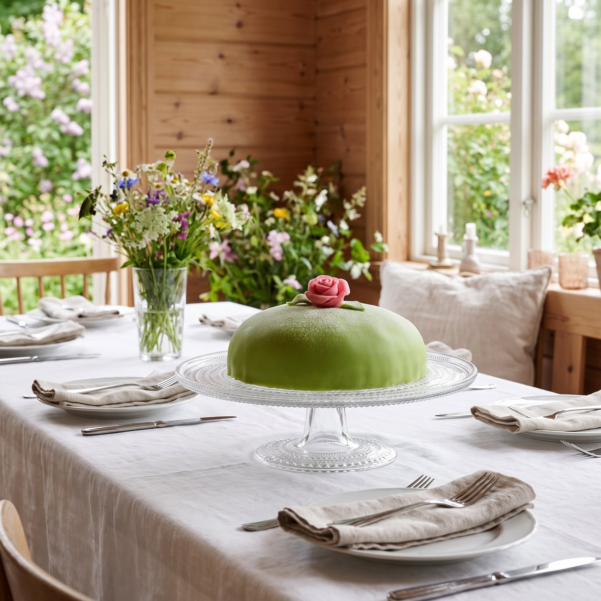 Iittala Kastehelmi kakfat i glas med prinsesstårta på ett dukat bord i ett svenskt trähus