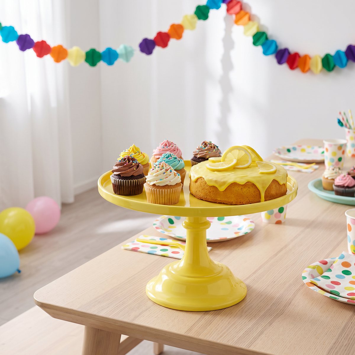 PartyDeco gult tårtfat på fot med cupcakes och citronkaka på ett barnkalas i ett svenskt hem
