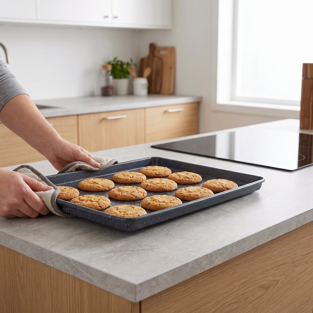 Mörk bakplåt med nonstick-yta och nygräddade kakor på en köksö i ett svenskt kök