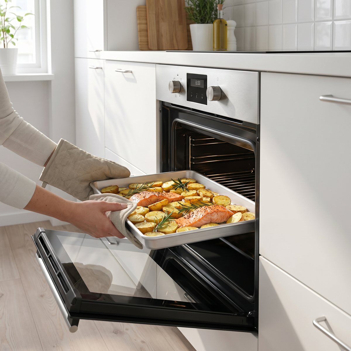 Aluminiumplåt med ugnsrostad potatis och lax som skjuts in i ugnen i ett svenskt kök