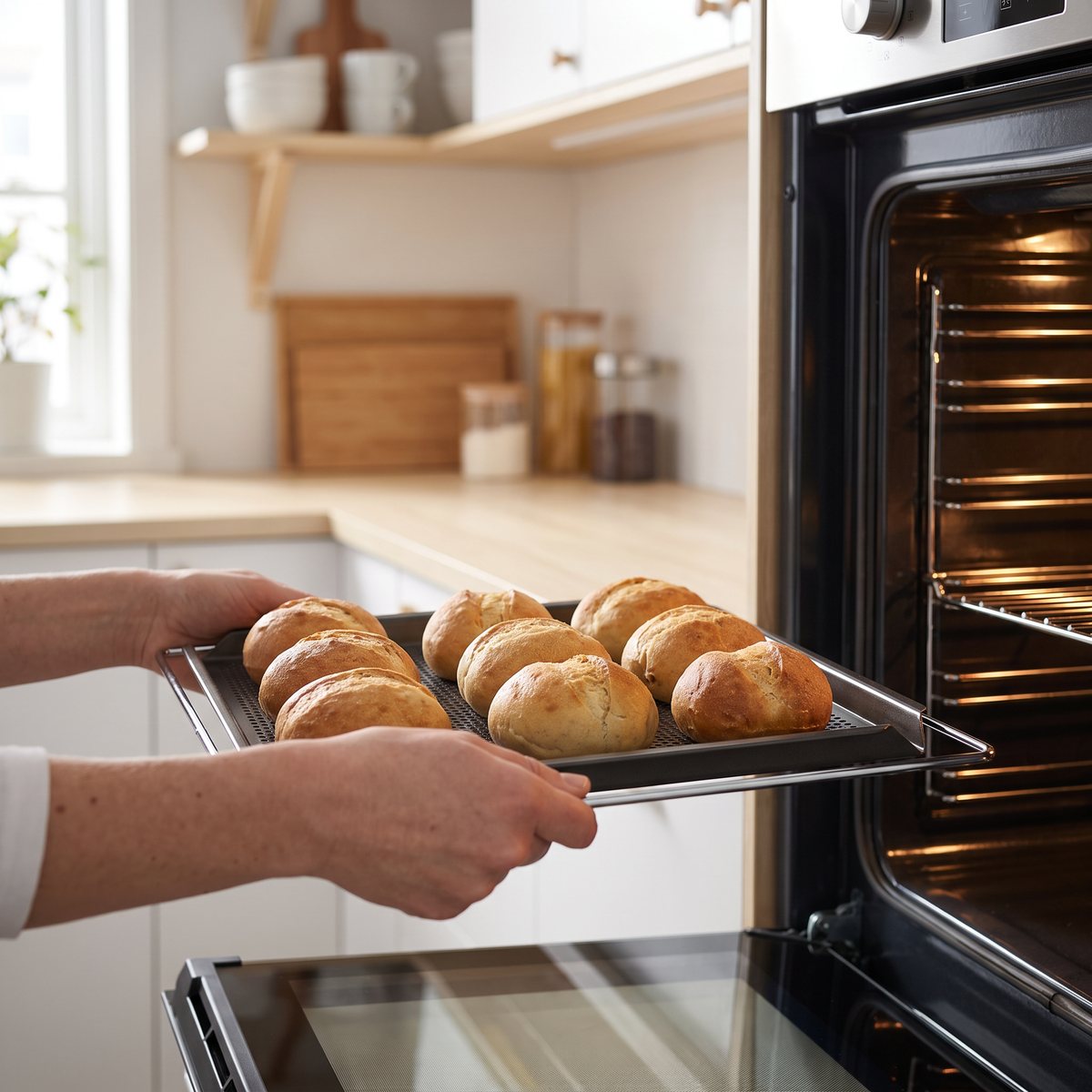 Perforerad bakplåt med justerbar ram och nygräddat frukostbröd vid en öppen ugn i ett svenskt kök