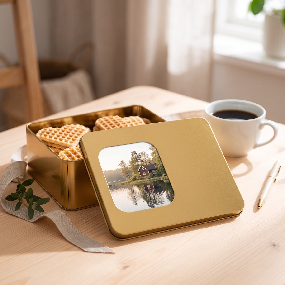 Fyrkantig guldfärgad plåtburk med eget foto på locket, öppen med våffelhjärtan på ett träbord i ett svenskt hem