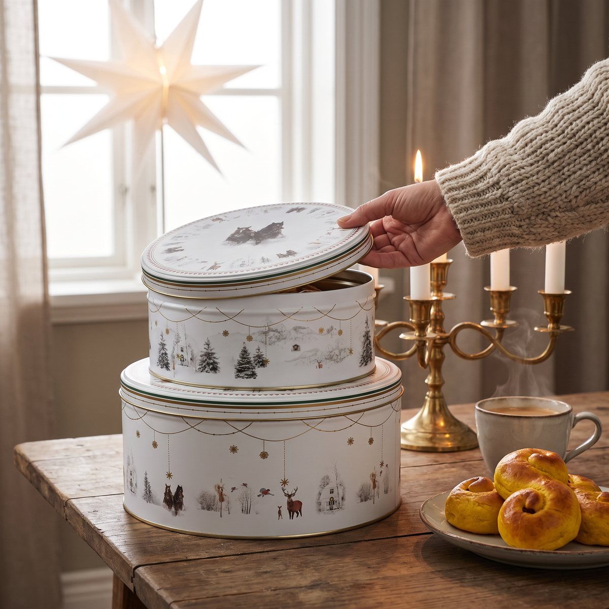 Två vita kakburkar med vintermotiv på ett soffbord i ett svenskt vardagsrum med lussekatter, kaffe och adventsljusstake