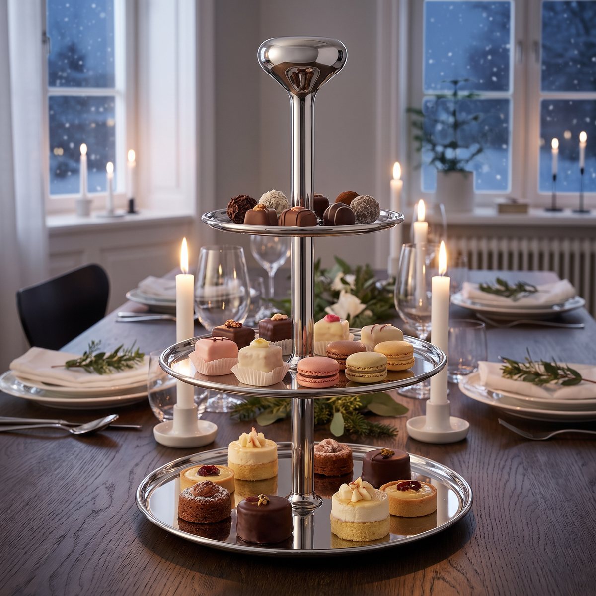 Georg Jensen Alfredo kakfat i blankt rostfritt stål med praliner och småkakor på ett matbord i en svensk lägenhet