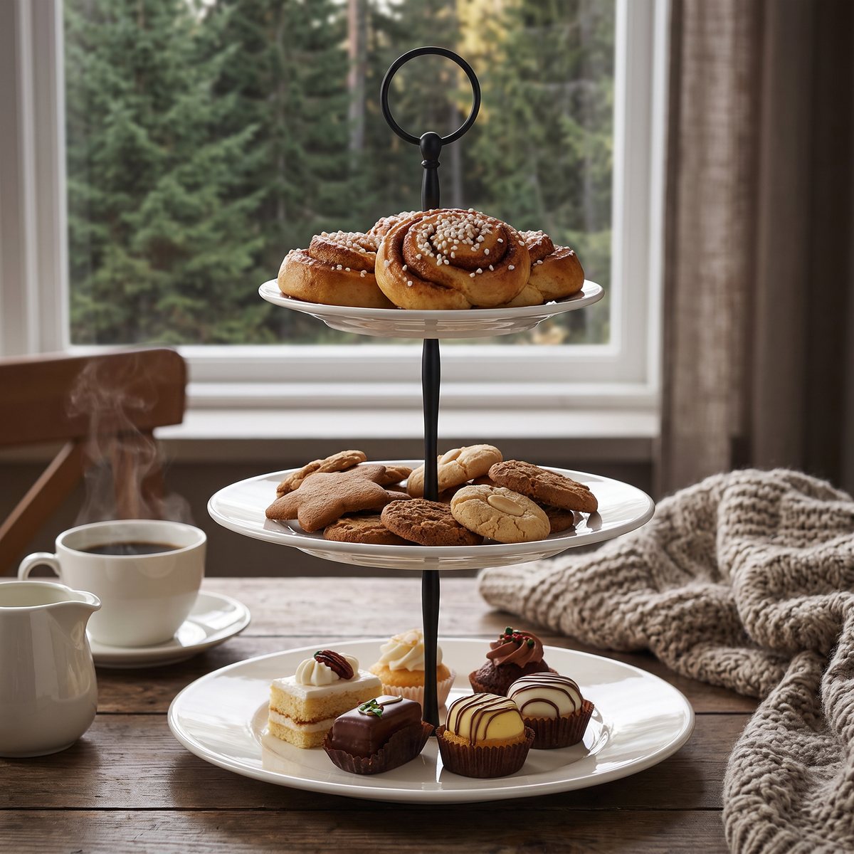 Dorre Kafi kakfat i tre våningar med kanelbullar och kakor i ett mysigt svenskt vardagsrum