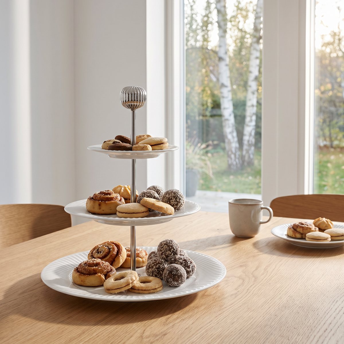 Kähler Hammershøi våningsfat i vitt räfflat porslin med pastejer och kakor på ett ekbord i ett svenskt hem