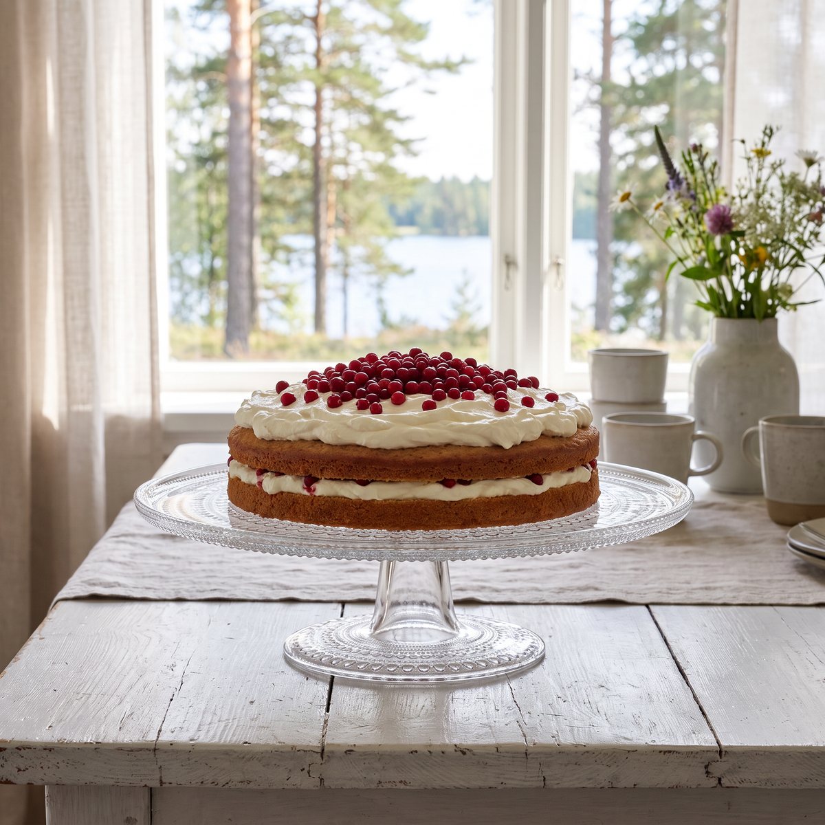 Iittala Kastehelmi kakfat i pressat glas med en tårta med lingon på ett vitt bord i en svensk sommarstuga