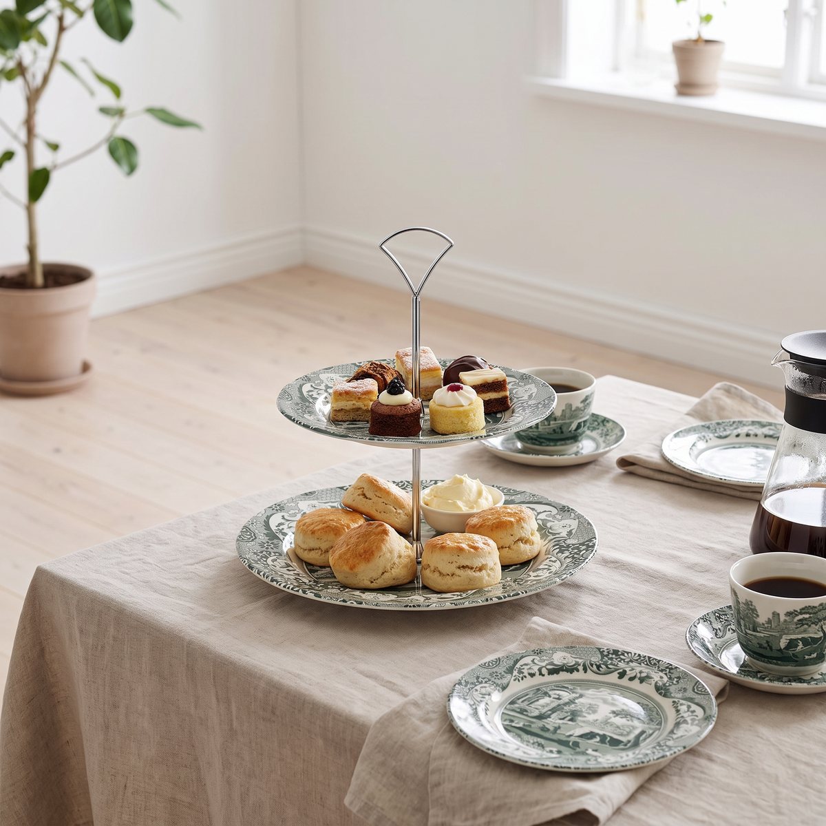Spode Heritage Green Italian kakfat i två våningar med scones och kakor på ett dukat kaffebord i ett svenskt hem