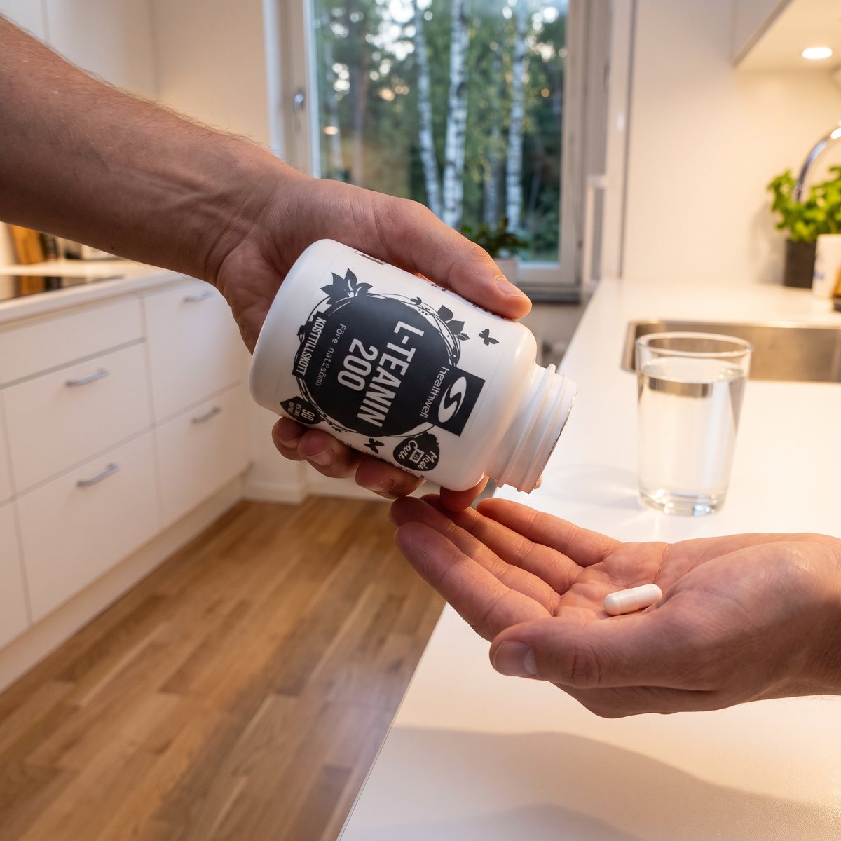 Hand som vänder burken med Healthwell L-teanin och häller en kapsel i handflatan vid en vit köksbänk i ett svenskt kök