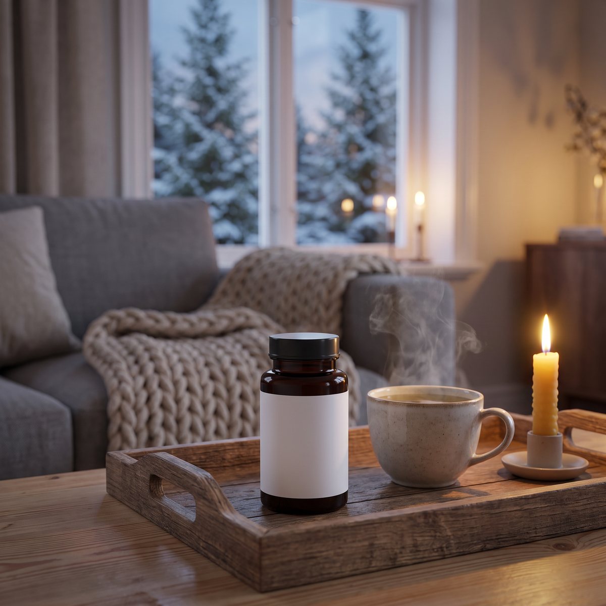 Brun glasburk med L-teanin på en träbricka vid te och ljus i ett svenskt vardagsrum en vinterkväll