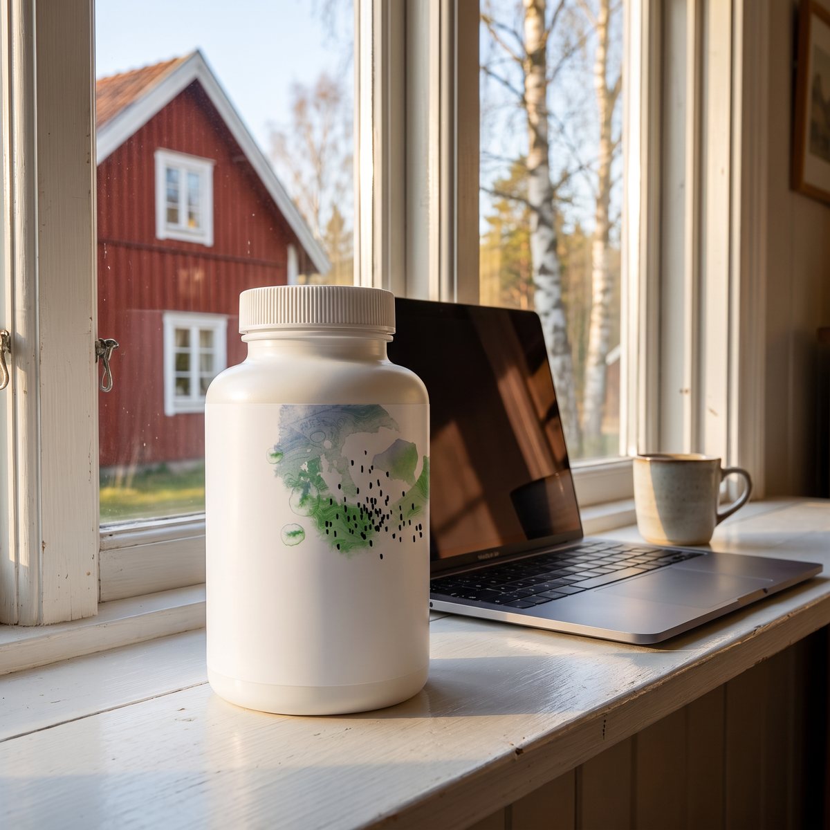 Stor vit burk med Thorne Theanine på en fönsterbräda i ett svenskt hemmakontor med rött trähus och björkar utanför