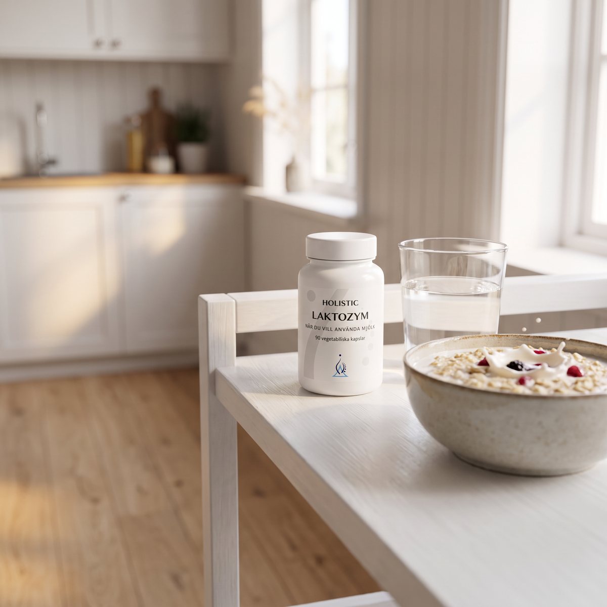 Holistic Laktozym-burk på en vit hylla bredvid havregrynsgröt och vatten i ett svenskt hem
