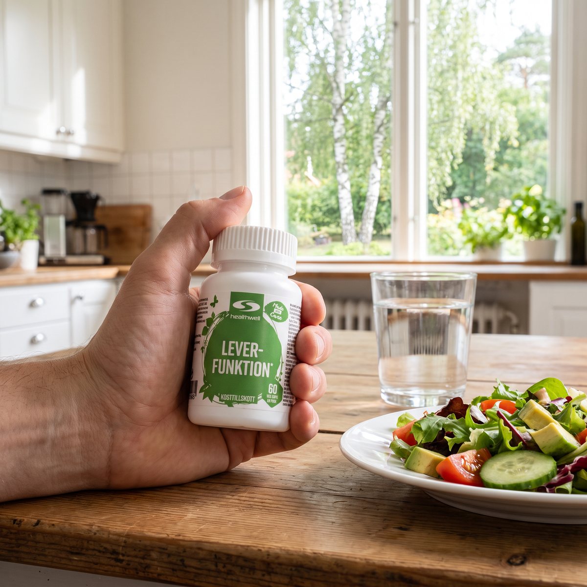 Hand som håller Healthwell Leverfunktion vid ett träbord med vattenglas och sallad i ett svenskt kök