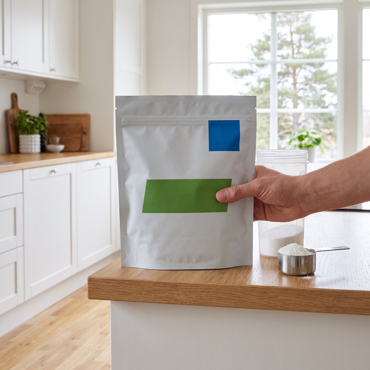 Påse med Core Lysine pulver på en köksbänk i ett ljust svenskt kök