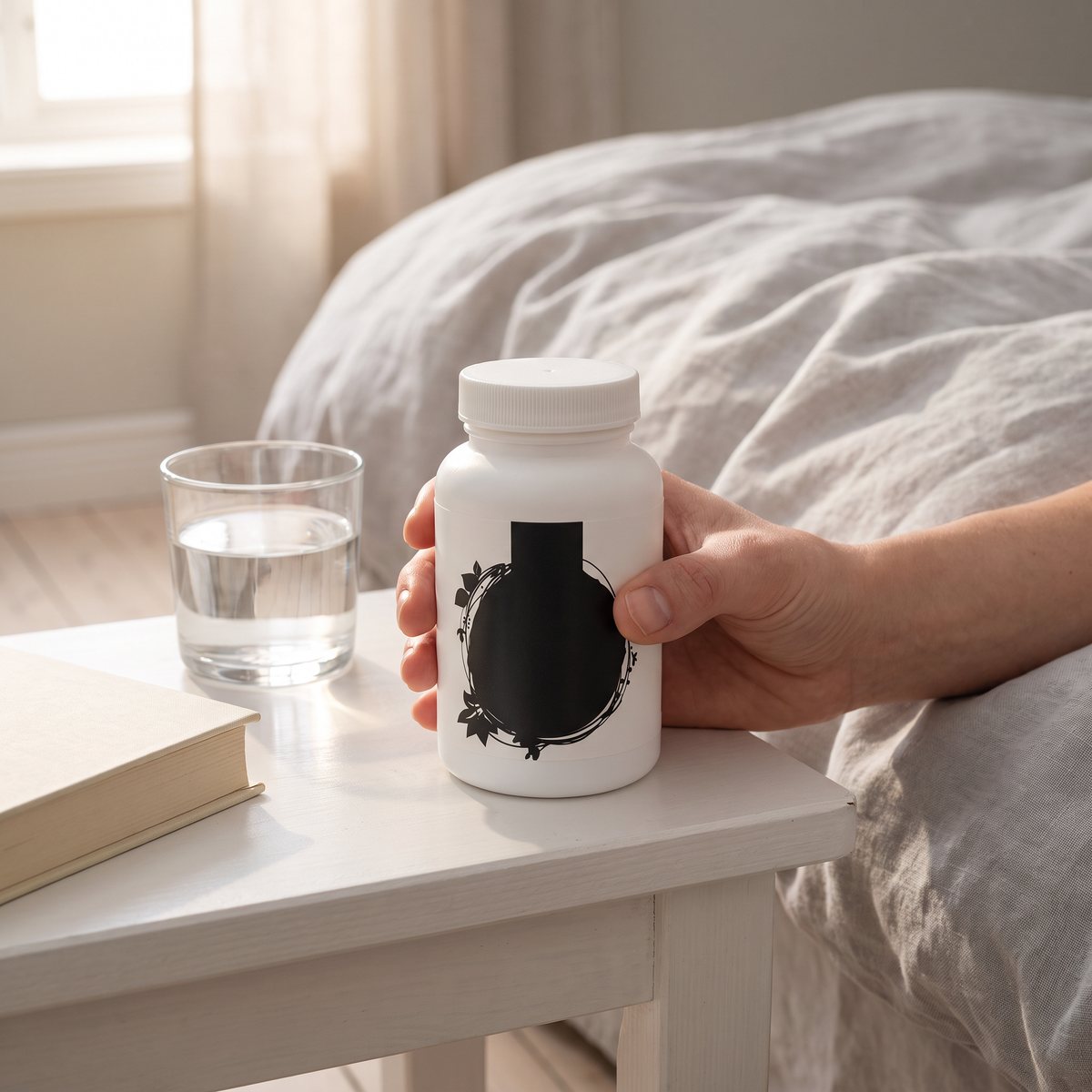 Vit burk med Healthwell Lysin 1000 på ett sängbord i ett svenskt sovrum