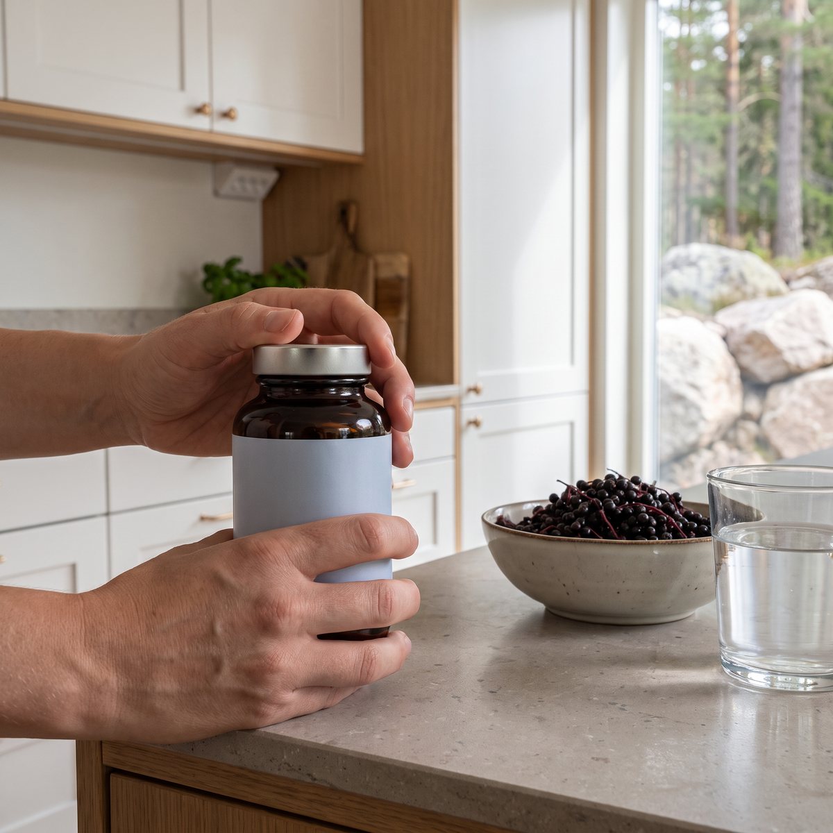 Mörk glasburk med silverkork, Nordbo L-Lysine Synergy, på en köksbänk i ett svenskt kök