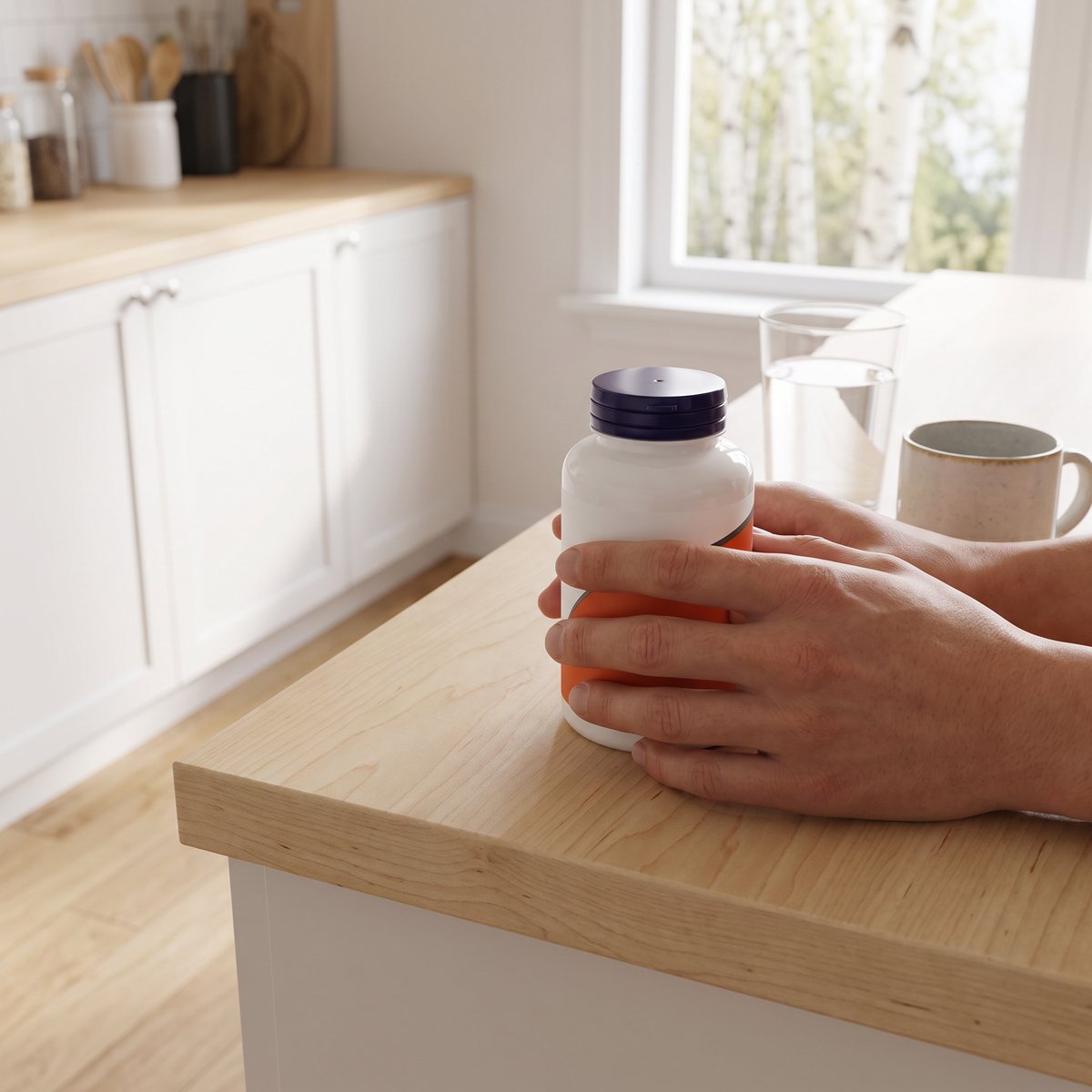 Vit burk med mörkblå kork, NOW L-lysine 1000 mg, på en köksbänk i björk i ett svenskt kök