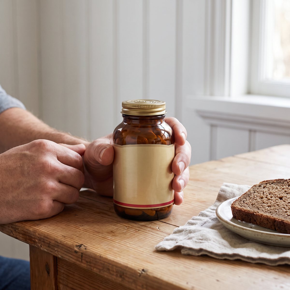 Brun glasburk med guldfärgad kork, Solgar L-Lysine 1000 mg, på ett furubord i en svensk matsal