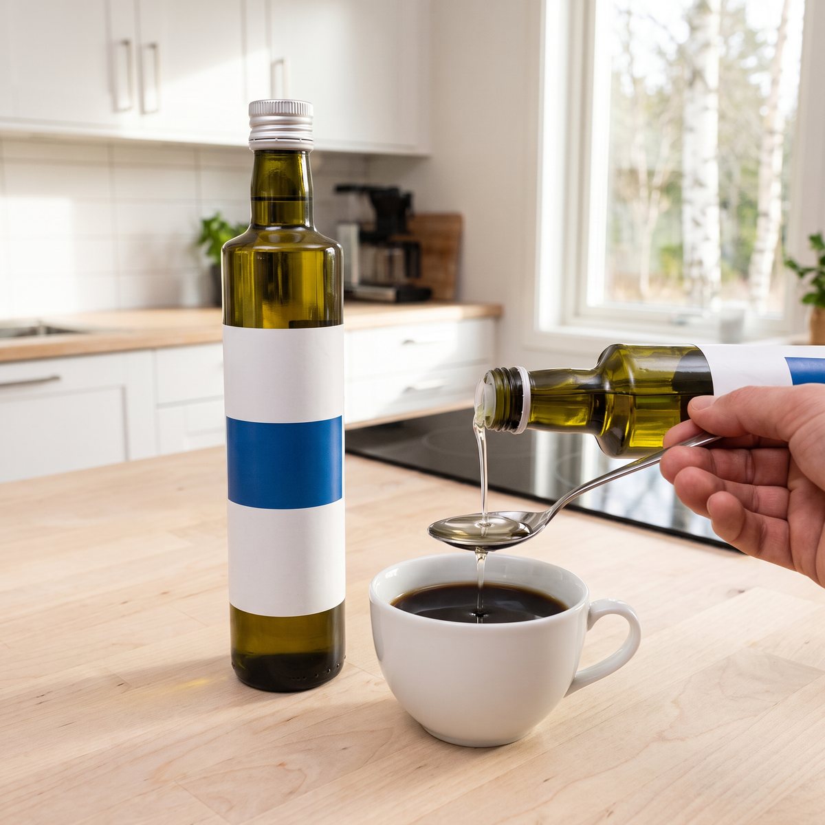 Flaska Core C8 MCT Oil av grönt glas med silverfärgad skruvkapsyl bredvid en kaffekopp i ett svenskt kök