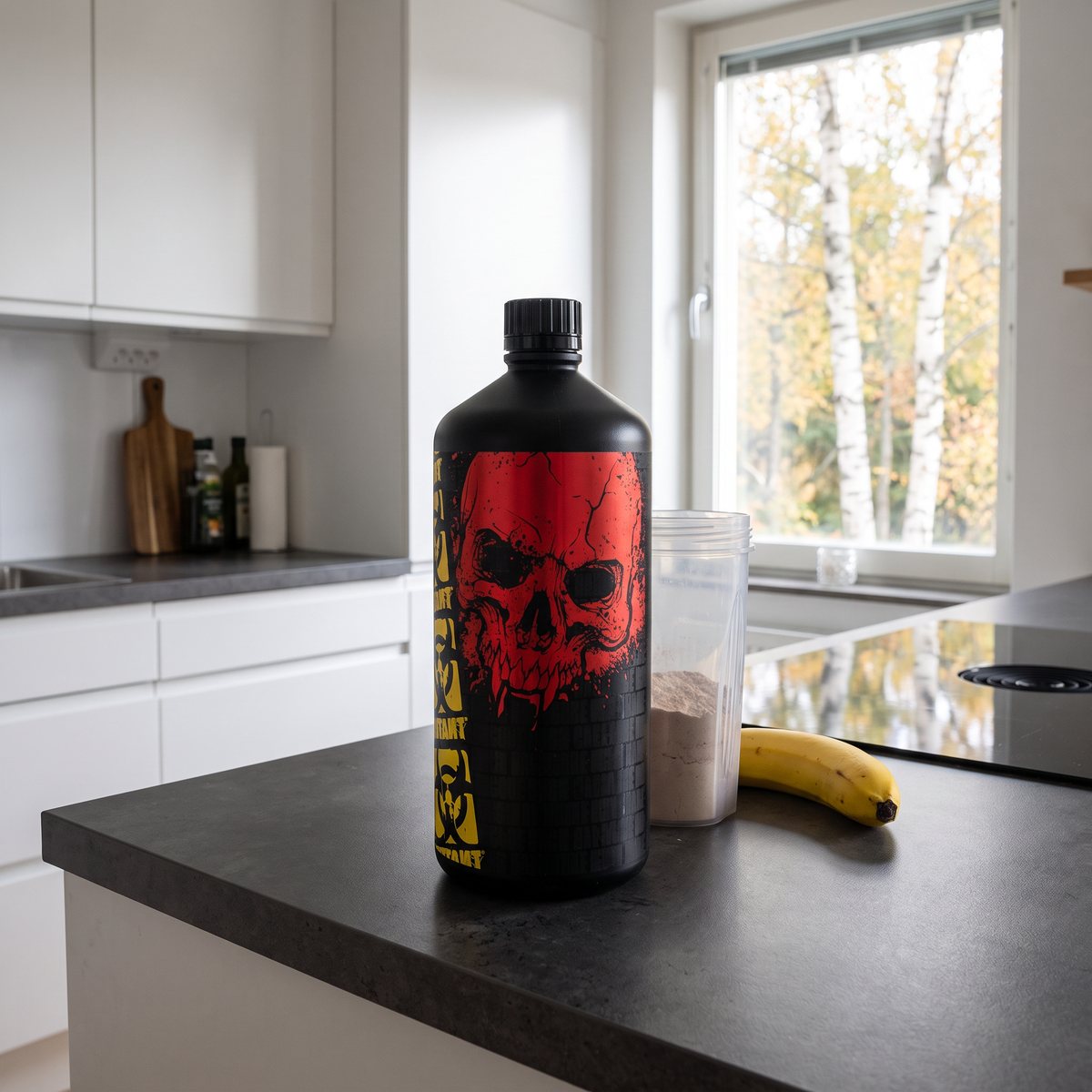 Mutant MCT Oil i stor svart flaska bredvid en shaker i ett svenskt kök