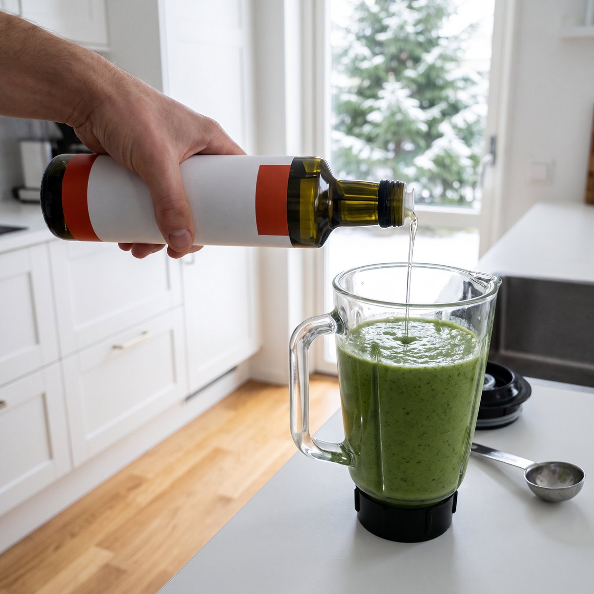 Upgrit C8 MCT-olja i mörkgrön glasflaska bredvid en mixer med smoothie i ett svenskt kök