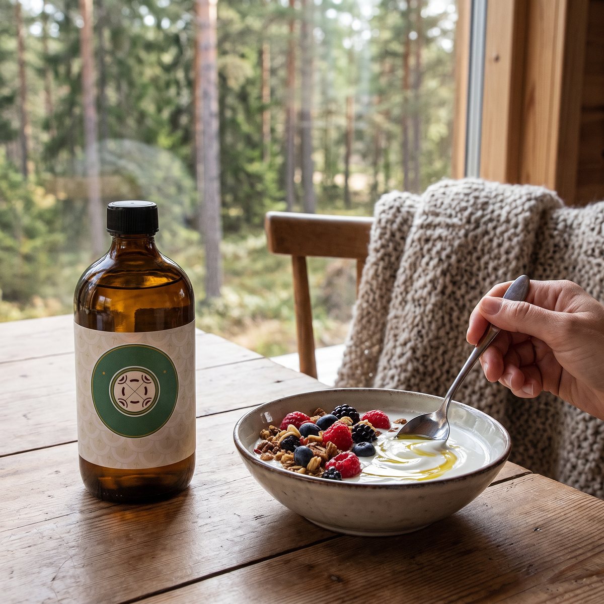 Renée Voltaire MCT-olja i brun glasflaska bredvid yoghurt med bär vid ett svenskt frukostbord