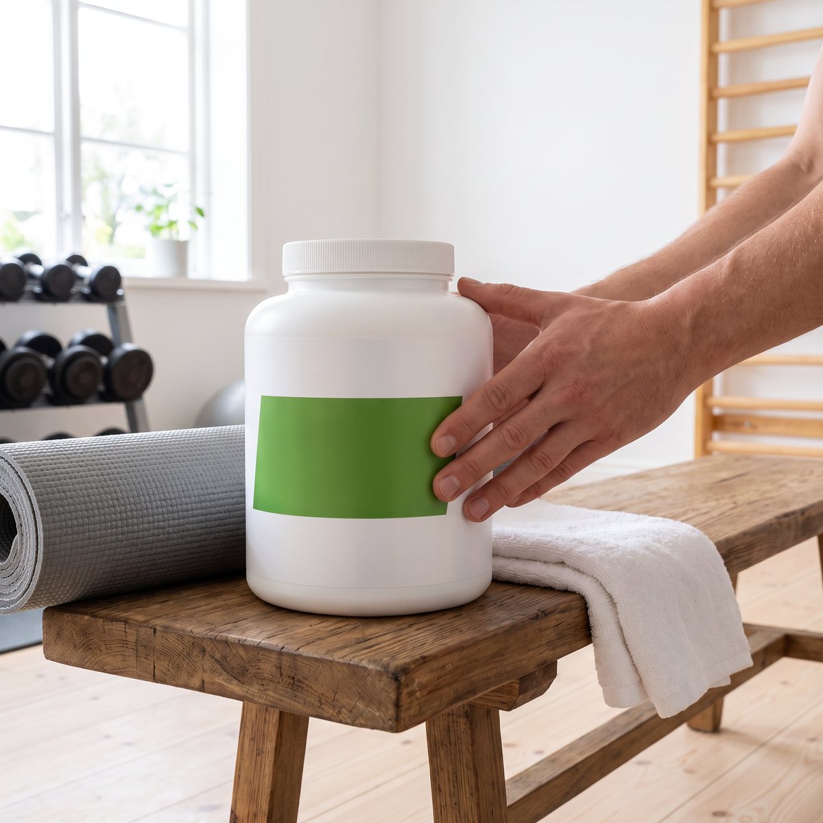 Vit burk med MSM-kapslar på en träbänk vid yogamatta och handduk i ett svenskt hemmagym