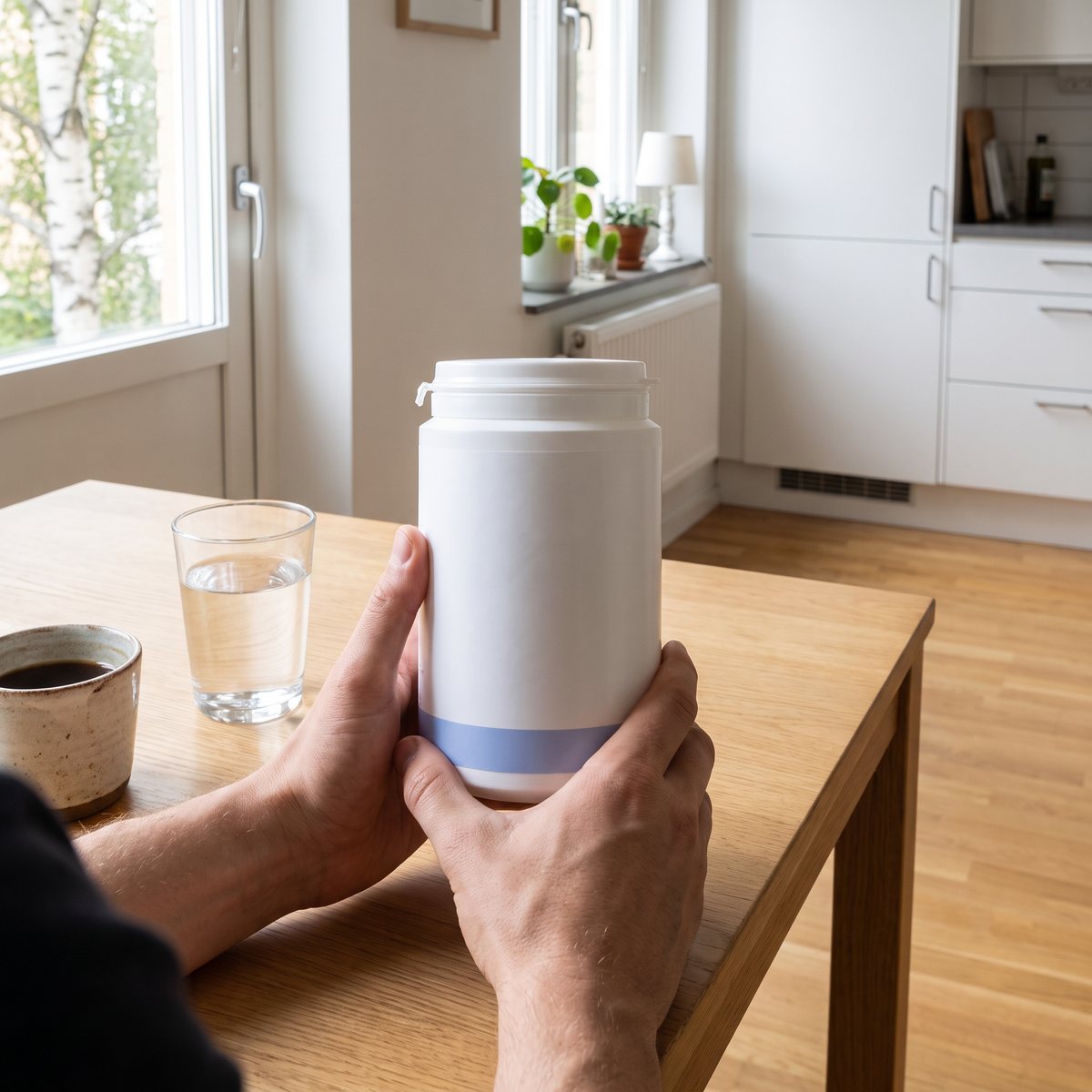 Vit burk med MSM-kapslar på ett ekbord i ett svenskt kök, bredvid ett glas vatten och en kaffekopp