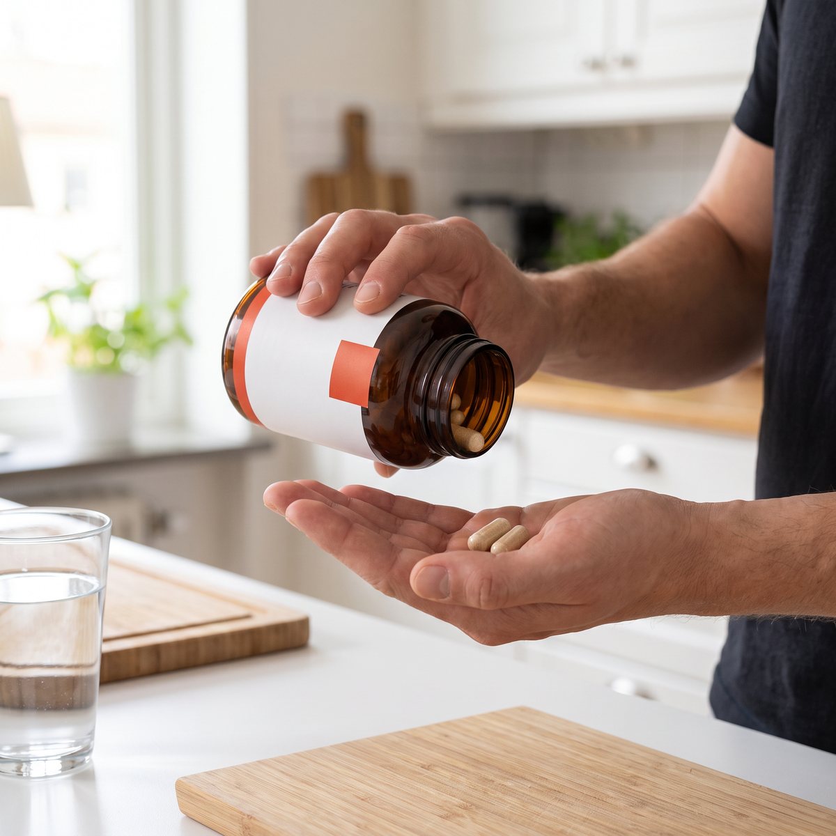 Brun glasburk med MSM och C-vitamin, kapslar hälls i handen vid en vit köksbänk i ett svenskt hem