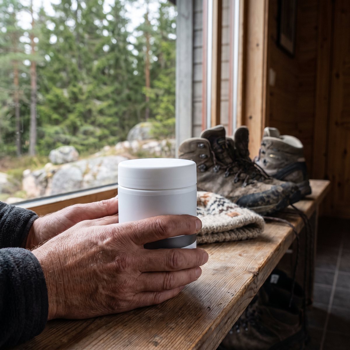Vit burk med MSM och C-vitamin på en träbänk i hallen i en svensk stuga, med vandringskängor och mössa bredvid